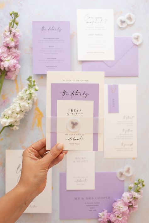 Beautiful, elegant invitation suite with soft lavender tones, complete with vellum belly band and hydrangea wax seal. Lilac Invitations, Vellum Belly Band, Wedding Motif, Purple Invitations, Save The Dates Wedding, Wedding Motifs, Modern Wedding Stationery, Purple Wedding Invitations, Elegant Wedding Invitation