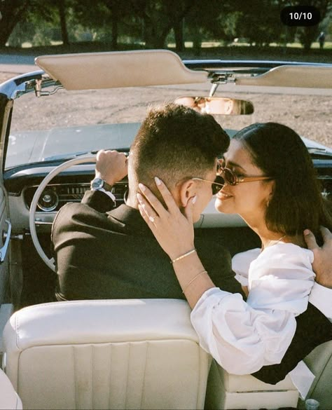 50s Inspired Engagement Photos, 1960s Engagement Photos, Low Rider Engagement Photos, Old Car Engagement Shoot, Vintage Car Elopement Photos, Engagement Photos With Old Car, Antique Car Engagement Photos, Engagement Photo Themes Vintage Inspired, Porsche Engagement Photos