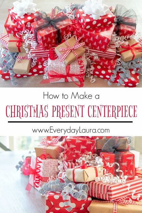 Make a festive Christmas centerpiece out of food boxes, after the holidays unwrap and eat or donate to a local food bank. Christmas Presents Centerpieces, Breakfast With Santa Centerpieces, Fake Presents Decor, Christmas Present Centerpieces For Table, Christmas Gift Centerpiece Ideas, Christmas Box Centerpieces For Table, Christmas Gift Box Centerpieces For Table, Gift Bag Centerpieces Table Decorations, Christmas Gift Box Centerpieces