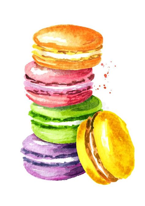 Pie Macarons, Sweet Egg, Cookie Drawing, Cookie Coffee, Colorful Macarons, Watercolor Food Illustration, Cake Drawing, Watercolor Cake, Pastry Pie