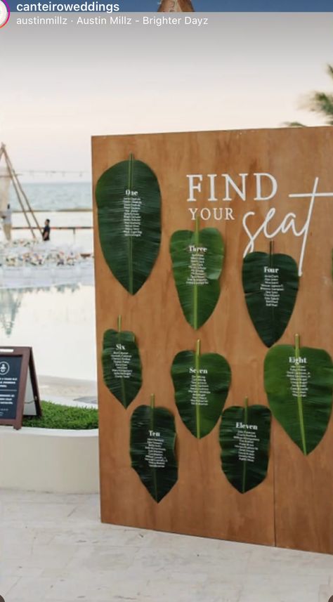 Surfboard Seating Chart, Coconut Seating Chart Wedding, Surfboard Wedding, Tropical Welcome Sign Wedding, Tropical Seating Chart, Wedding Seating Chart Tropical, Invitation Design Inspiration, Welcome Signage, Ideas Bodas