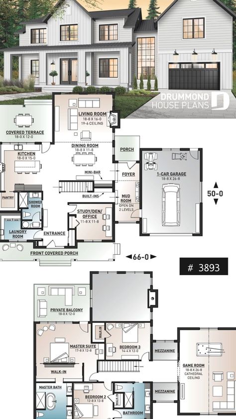 4 bedroom modern farmhouse plan, 3 baths, garage, spectacular living room with fireplace and 20' ceiling 4 Bedroom Modern Farmhouse, Interior Design Country, Case Minecraft, White Modern Farmhouse, Desain Pantry, Sims 4 House Plans, Casas The Sims 4, Room With Fireplace, Sims House Plans