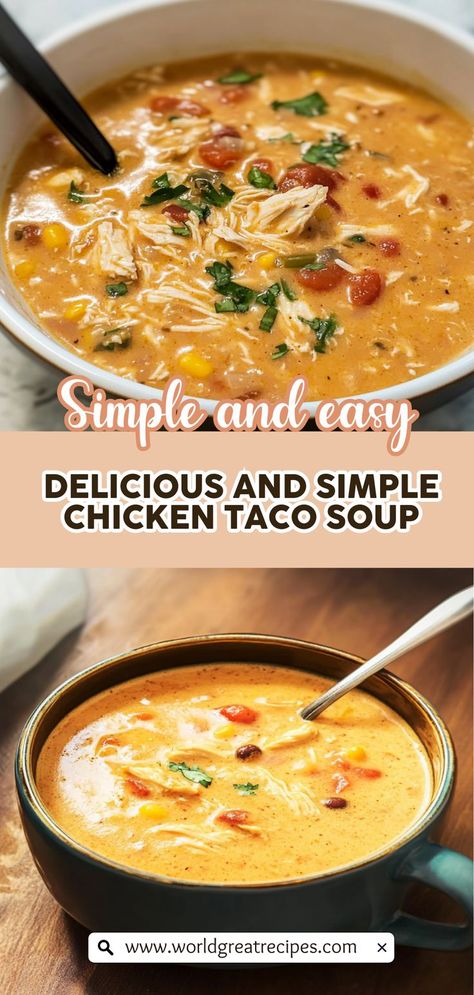 Indulge in a bowl of comfort with this Easy Chicken Taco Soup that’s both delicious and simple! Combining the rich flavors of tomatoes, spices, and tender chicken, this recipe is sure to become a family favorite. With ingredients you likely have on hand, you can whip up a hearty meal that’s perfect for any occasion. Serve with crispy tortilla chips or fresh bread for a complete dining experience. Dive into the flavors of this easy soup and enjoy a cozy night in! Creamy Chicken Taco Soup Instant Pot, Creamy Mexican Chicken Soup, Canned Chicken Taco Soup, Simple Tortilla Soup, Cheesy Chicken Taco Soup, Chicken Tortilla Recipes Soup, Chicken Fajita Soup Recipe, Recipe For Chicken Tortilla Soup, Chicken Soup Spices