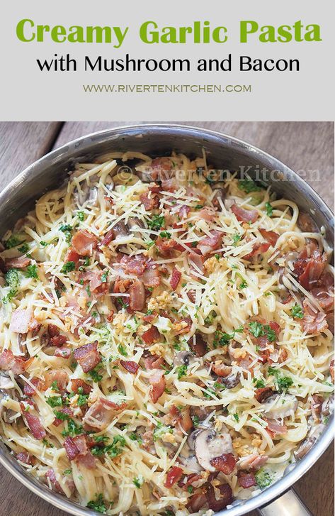 Creamy Bacon And Mushroom Pasta, Garlic Cream Sauce Pasta, Bacon And Mushroom Pasta, Bacon Mushroom Pasta, Mushroom Sausage, Pasta One Pot, Bacon And Mushroom, Bacon Pasta Recipes, Garlic Mushrooms Recipes