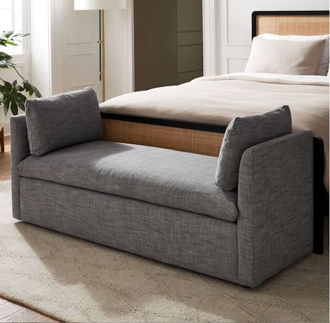 Bench At End Of King Bed Storage, West Elm Shelter Bench, Storage Bench King Bed, Queen Bed With Bench At End, End Of Bench Bed, End Of Bed Bench For Dog, End Of The Bed Couch, Gray Bench Bedroom, Bed Frame With Bench At The End