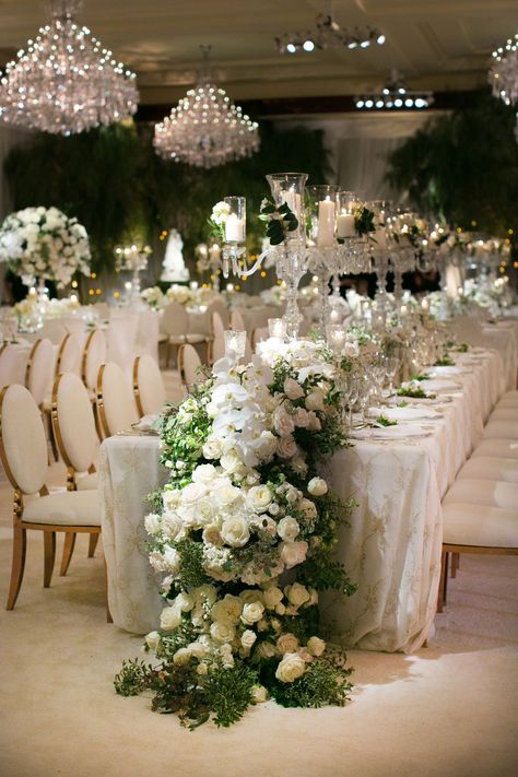 Flower Runner, Long Table Wedding, Opulent Wedding, White Floral Arrangements, Rectangle Tables, Crystal Candelabra, Inside Weddings, White Wedding Theme, Romantic Garden Wedding