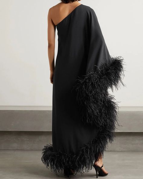 One Shoulder Feather Trimmed Crepe Gown Elegant Black Prom Dresses, White Wedding Guest, Black Feather Dress, Cotton Garments, Taller Marmo, Tall Maxi Dress, Mail Package, Silver Cocktail Dress, Dresses By Color