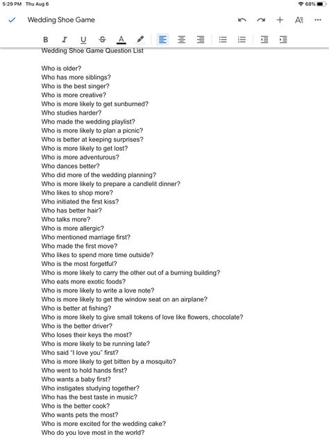 Whos Most Likely To Questions, Who's Most Likely To Questions, Shoe Game Questions, Most Likely To Questions, Wedding Shoe Game, Reception Shoes, Game Questions, Blue White Weddings, Wedding Playlist