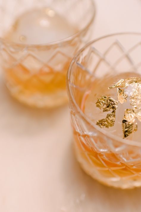 The Gold Fashioned | A Cocktail to Start the New Year Off Right | Wedding Cocktail | BaM Co-Create | Signature Drink | Edible Gold Leaf Gold Leaf Food, Golden Bday, Bar Tender, Royal Romance, Gold Drinks, Summer Cocktail Party, Edible Gold Leaf, Tea Lounge, Healthy Cocktails