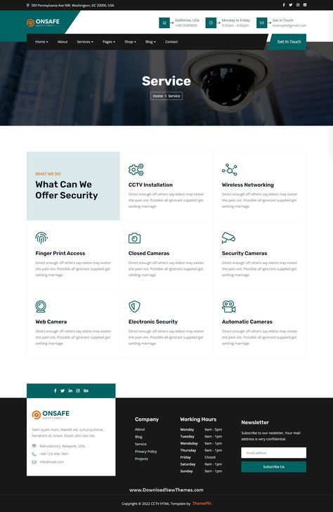 Onsafe - CCTV & Security HTML Template Company Profile Website Design, Service Page Web Design, Footer Web Design, Security Website Design, It Services Website Design, Website Services Page, Services Page Design, Security Company Branding, Security Company Website Design