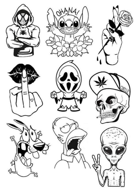 Easy Black And Grey Tattoo, Tattoo Flash For Men, Simple Horror Tattoo Ideas, Retro Cartoon Tattoos, Traditional Tattoo Style Drawings, Easy Tattoo Stencils For Beginners, Cartoon Tattoo Stencils, Mens Small Tattoo Ideas Unique, Tattoo Outline Designs