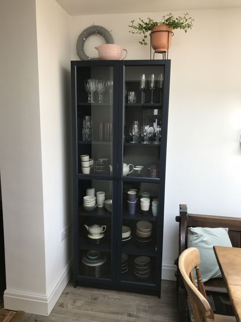 Ikea Crockery Unit, Navy Billy Bookcase, Crockery Cupboard Design, Billy Bookcase Doors, Organization Small Kitchen, Small Bookshelf Ideas, Crockery Cupboard, Billy Bookcase With Doors, Chestnut Kitchen