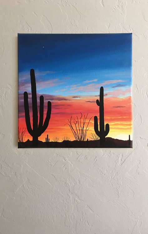 Canyon Painting Simple, Desert Acrylic Painting Ideas, Arizona Art Painting, Sunset Cactus Painting, Arizona Painting Ideas, Arizona Sunset Painting, Desert Landscape Paintings Acrylic, Easy Paintings Western, Sunset Desert Painting