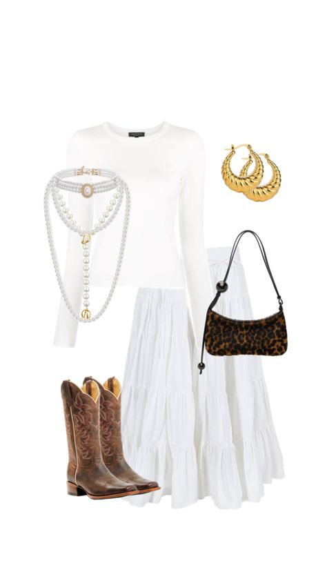 long white skirt, long sleeve white shirt, pearl necklace, gold necklace, gold hoops, brown cowboy boots, brown cheetah bag, ootd, fall outfit, brown and white, back to school, college Long Skirt Cowboy Boots, Cowboy Boots And Skirt Outfit, Skirt And Cowboy Boots Outfit, Brown Cowboy Boots Outfit, Long White Skirt, Cheetah Bag, Long Sleeve White Shirt, Cowboy Boots Brown, Back To School College