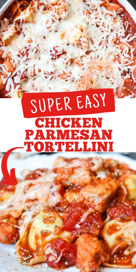 Semi Homemade Chicken Parmesan Tortellini is a super easy meal that's ready in about 30-45 minutes! Breaded Chicken nuggets, pasta sauce and cheese tortellini is absolutely delicious! This can also be made with cheesy tortelloni! Tortellini Recipes Skillet, Chicken Tortellini Dinner Recipes, Four Cheese Tortellini Recipes, Dinner Recipes With Tortellini, Easy Chicken Tortellini Recipes, Chicken With Tortellini Recipes, Chicken Mozzarella Tortellini Recipes, Cheese Tortilini Recipes, Chicken Parm Tortellini