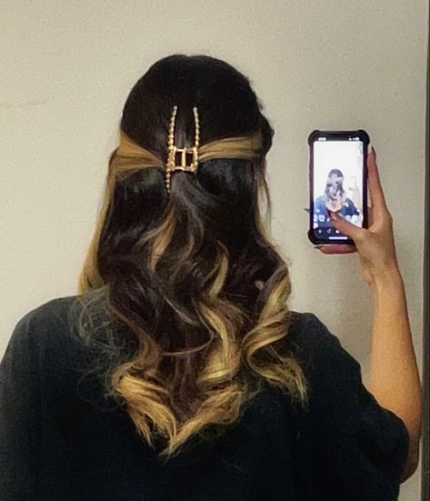 Hair inspo, peekaboo highlights, asian hair, mirror hair pic, gold claw clip, aesthetic hair pic Asian Hair Peekaboo, Peekaboo Honey Brown, Secret Two Tone Hair, Dark Brown Hair Peekaboo Color, Peekaboo Hair Styling, Peekaboo Hair Color Minimal, Under Highlights Hair, Black Hair With Peekaboo Highlights, Highlights Asian Hair