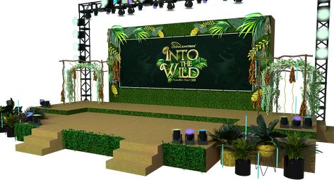 Tropical Stage Decor, Jungle Stage Design, Stage Set Up, Stage Backdrop Ideas, Corporate Stage Design, Creative Backdrop Ideas, Jungle Theme Decor, Stage Green, Garden Stage