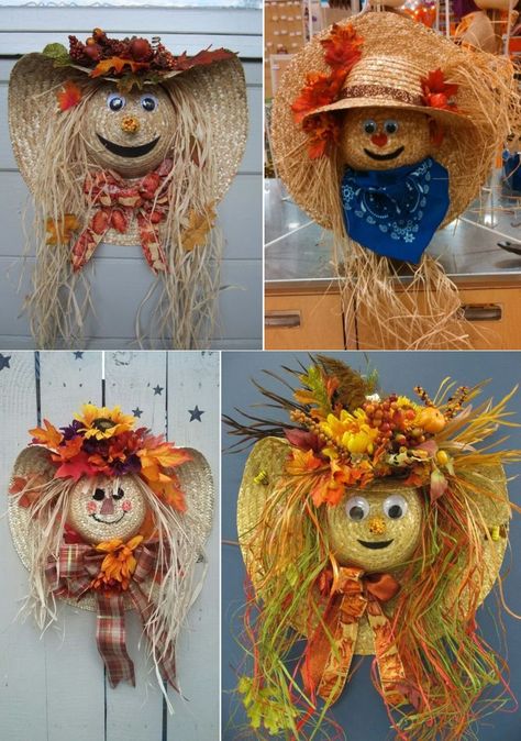 How cute is this scarecrow wreath made of jute hat? Creating it does not require so many embellishment elements; all you need is an old jute hat in your closet. #halloween #halloweenwreaths #Halloweendecorating #halloweendecorations Straw Hat Scarecrow Wreath, Scarecrow Hat Wreath, Straw Hat Crafts, Scarecrow Crafts, Easy Fall Wreaths, Fall Thanksgiving Wreaths, Scarecrow Wreath, Diy Halloween Wreath, Quilled Creations