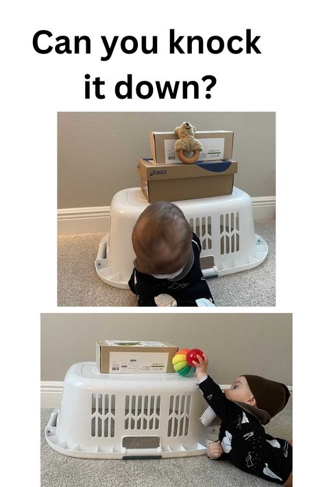 Give baby some problem-solving practice by stacking a few items on top of a laundry basket; they'll need to figure out how to knock the stack down. It's such a simple activity that's loads of fun for baby! Activities For Babies, Small Basin, Simple Activities, Sensory Boards, Plastic Bins, 8 Months, Hand Puppets, Back To Basics, Plastic Containers