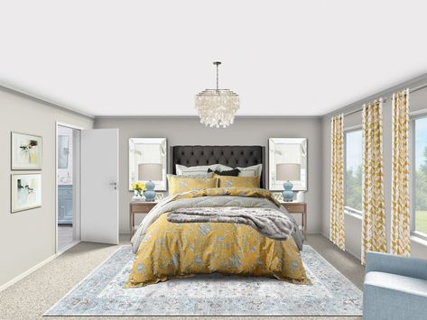 Navy Blue And Yellow Bedroom, White Grey Bedroom, Glam Bedroom Design, Blue And Yellow Bedroom, Interior Design Package, Yellow Bedrooms, Yellow Gray Bedroom, Blue White Bedroom, Bedroom Glam