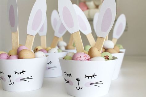 Bunny Candy Cups from a Little Bunny Party on Kara's Party Ideas | KarasPartyIdeas.com (12) Carrot Banner, Bunny Birthday Theme, Bunny Cupcake, Bunny Ideas, Easter Birthday Party, Candy Cups, Spring Birthday Party, Cute Carrot, Easter Baby Shower