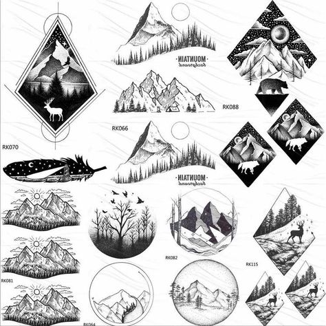 Tree Triangle Tattoo, Tatuagem Twenty One Pilots, Triangle Mountain, Geometric Mountain Tattoo, Tattoo Sheets, Tatoo 3d, Element Tattoo, Geometry Triangles, Metallic Tattoo Temporary