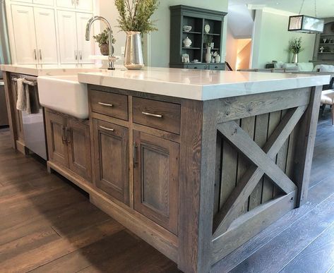 White Wood Kitchens, Kitchen Layouts With Island, Kitchen Renovation Inspiration, Kitchen Island With Sink, Grey Kitchen Island, Custom Kitchen Island, Barn Kitchen, Rustic Kitchen Island, Stone Countertop