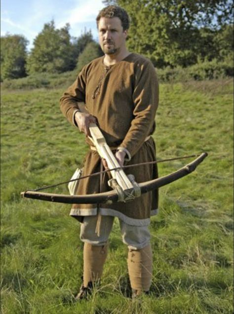 Crossbows were stronger and more easily fired with greater force than the normal bow and arrows. Medieval Crossbow, Costume Viking, Soldier Costume, Ancient Warfare, Traditional Archery, Longbow, Bow And Arrow, Stamford Bridge, Medieval Armor