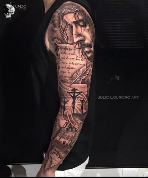 Jesus Tattoo On Arm, Jesus Forearm Tattoo, Christian Tattoos Men, Jesus Tattoo Sleeve, Religious Tattoo Sleeves, Jesus Hands, Family Tattoos For Men, Ganesh Tattoo, 2023 Tattoo