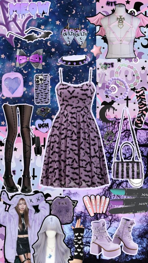 purple pastel goth outfit 💜🤍🩷🖤 - - - #pastel #pastelaesthetic #pastelgoth #goth #gothic #gothaesthetic #aesthetic #purple #oufitinspo #outfit #outfitinspiration #collages #dress #bats #alternative #pink #shoes #bag #jewelry Pastel Goth Outfits Aesthetic, Pastel Goth Aesthetic Outfit, Purple Pastel Goth, Goth Outfits Aesthetic, Target Aesthetic, Bubblegum Goth, Goth Outfit Inspo, Pastel Goth Aesthetic, Alternative Subcultures