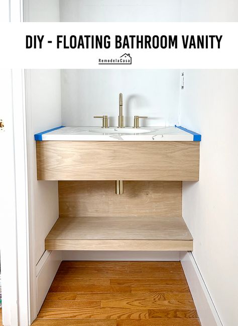 Floating Shelves On Slanted Wall, Minimalist Half Bath, Floating Vanity Powder Room, Apartment Paint, Floating Sink Vanity, Floating Wood Vanity, Floating Bathroom Sink, Floating Vanity Bathroom, Shelf Makeover