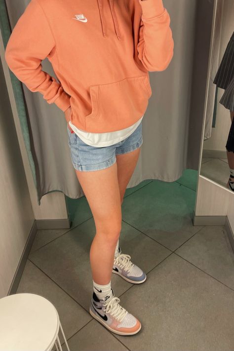 skyline jordans, sneakers, nike, denim shorts, sweatshirt, orange, blue, summer outfit, OOTD Air Jordans Outfit, Nike Jordan Outfit, Jordans Outfit, Jordan Outfit, School Outfit, Minimalist Outfit, Nike Jordan, Jordans Sneakers, Nike Air Jordan