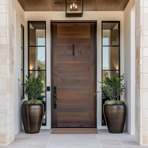 Inset Front Door Entrance, Two Door Main Entrance, Modern Organic Front Door, California Bungalow Front Door, Front Door With Side Lights And Transom, Thermatru Front Door, Home Main Door Design, Mediterranean Front Door, Main Door Ideas