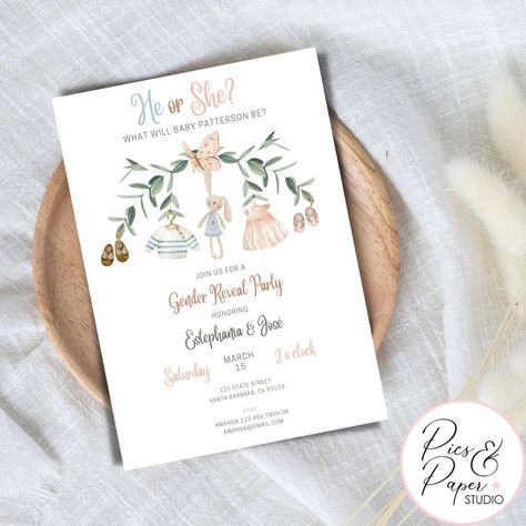 Adorable editable digital invitation for your baby gender reveal party designed with cute vintage baby clothes illustrations hanging from watercolor greenery. This invitation is so sweet and the text is fully editable. Baby Kleidung, Watercolor Greenery, Vintage Baby Clothes, Baby Gender Reveal Party, Vintage Invitations, Gender Reveal Invitations, He Or She, Baby Gender Reveal, Baby Gender