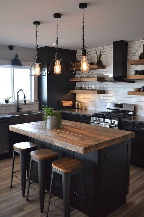 Dapur Rustic, Black Kitchen Design, Model Dapur, Black Kitchen Cabinets, Industrial Kitchen, Kitchen Inspiration Design, Black Cabinets, Kitchen Redo, Counter Tops