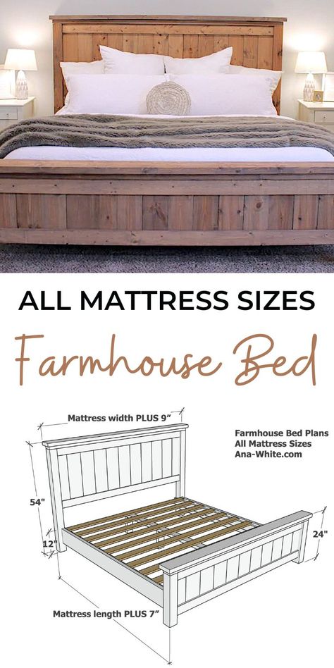 Anna White King Bed Plans, Queen Bed Frame Farmhouse, Wood Twin Bed Frame Diy, Diy Rustic King Bed Frame, Diy Bed Frames King, Queen Size Farmhouse Bed Plans, Farmhouse King Bed Plans, Full Size Bed Plans, How To Build A Full Size Bed Frame