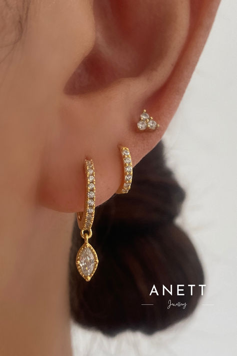 Marquise Cubic Dangle Earring Set Gold Earing Stacks, Earing Aesthetics, Three Piercings Ears, Elegant Ear Piercings, Earings Piercings Aesthetic, Gold Earrings Stack, Lobe Piercing Ideas, Earring Stack Ideas, Piercing Styling