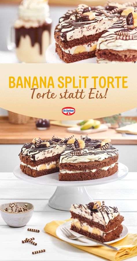 Diese leckere Torte, mit Bananen, Schokolade und Sahne steht dem Dessert-Klassiker in nichts nach. Banana-Split-Torte einfach schnell gemacht. Dr. Oetker Rezepte, Sommer Rezepte, Sommer Kuchen Rezepte, Sommer Kuchen leicht, Sommer Kuchen Rezepte schnell, Sommer Kuchen einfach, Sommer Kuchen Blech, Sommer Torte, Sommer Torten Rezepte, Eiskaffee Torte, Pfirsich Torte, Obstkuchen mit Pudding, Blätterteigkuchen mit Pudding, Maracuja Torte, Banana Split Torte, Bananen Split Torte Torte Recipe, Banoffee Pie, Banana Split, Love Food, Delicious Desserts, Cake Recipes, Dessert, Dessert Recipes, Food And Drink