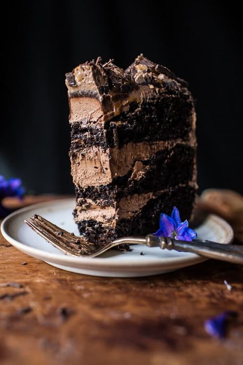 Chocolate Bourbon Caramel Macaron Cake| halfbakedharvest.com @hbharvest Caramel Macaroon, Cake On A Plate, Paleo Chocolate Cake, Fall Sweets, Bourbon Caramel, Mini Chocolate Cake, Macaroon Cake, Bourbon Caramels, Chocolate Ganache Frosting