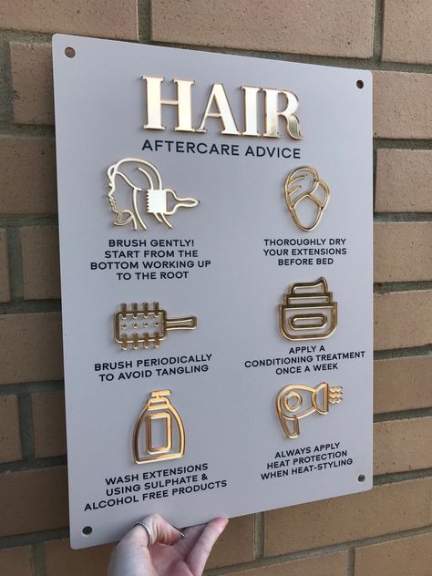 Hair Extensions Aftercare Advice Acrylic A3 Wall Sign | Beauty Sign | Business Sign | Spa Sign | Salon Sign | Salon Decor Small Hair Salon, Spa Sign, Salons Cottage, Beauty Sign, Beauty Shop Decor, Hair Salon Interior Design, Dark Text, Small Salon, Salon Design Ideas