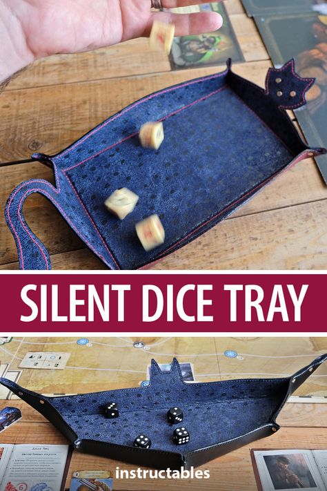 Dice Tray Diy, Diy Dice Tray, Metaphysical Crafts, Leatherworking Projects, Gaming Crafts, Bat And Cat, Dice Accessories, Leather Dice Tray, Bedside Tray