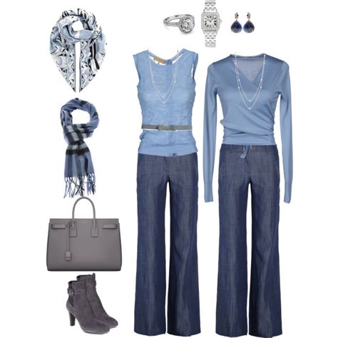 A fashion look from September 2013 featuring long sleeve tops, wool sweaters and wide leg jeans. Browse and shop related looks. Blue Grey Clothes, Blue And Grey Clothes, Slate Blue Outfit, Dusty Blue Outfit Color Combos, Gray Blue Dress, Cool Summer Palette, Soft Summer Palette, Soft Summer Color Palette, Soft Summer Colors