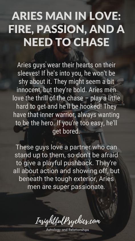 Aries men are direct about their feelings. They love a good challenge, so don't be too easy to win over. Don't be afraid of playful arguments- they love that feisty spirit. These guys are strong and competitive but also super passionate underneath it all. Hashtags: #love #aries #firesign #passion #challenge #ariesman #ariesmen Aries Men Zodiac Facts, Aries Traits Men, Aries Male Traits, Aries Man Traits, Aries Male, Aries Boyfriend, Aries Man In Love, Aries Relationship, Bear Sketch