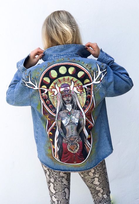 Fertility Magic, Jacket Painting, Customised Denim Jacket, Diy Denim Jacket, Pagan Goddess, Custom Leather Jackets, Hand Painted Denim Jacket, Denim Art, Painted Denim Jacket