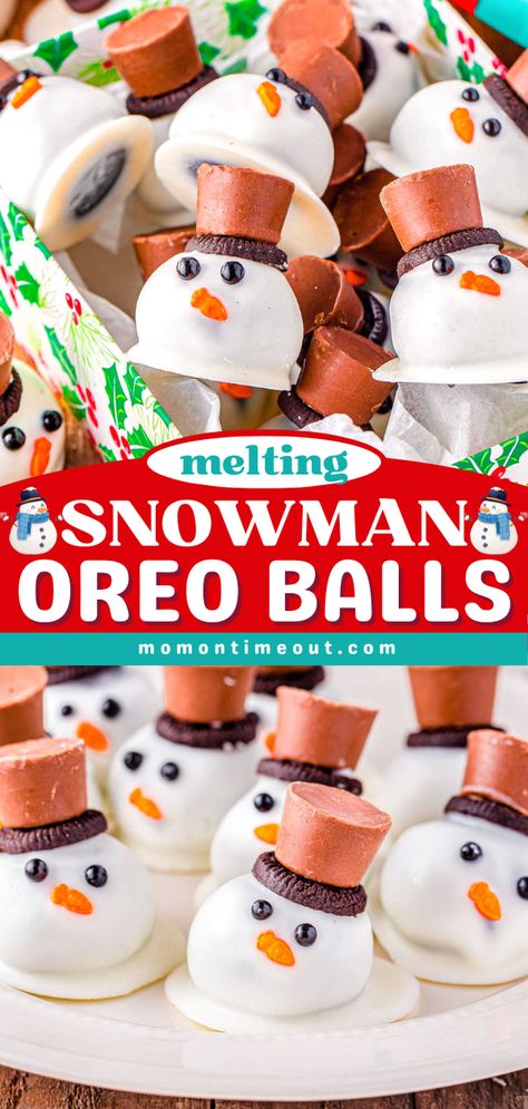 Adorable Melting Snowman Oreo Balls are a festive and fun no bake treat for the holidays! Easy to make and irresistibly cute, these Oreo Balls are perfect for holiday parties, cookie trays and festive dessert tables! Made with Oreo cookies, cream cheese and white chocolate, these charming snowmen are deliciously decadent! Melted Snowman Oreo Balls, Snowman Appetizers, Cream Cheese Snowman, Snowman Oreo Balls Recipe, Cheese Snowman, Snowman Oreo Balls, Cookies Cream Cheese, Melting Snowman, Melting Snowmen