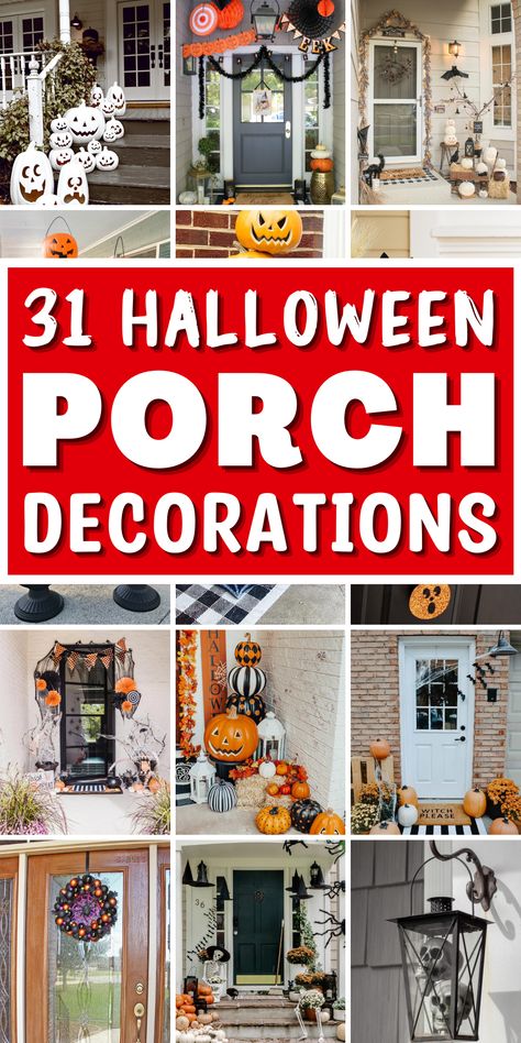 Get ready for a spooktacular Halloween with our scary DIY Halloween porch decorations. Create spooky Halloween front porch decor with spooky accents like witches, ghosts, and skeletons. From DIY Halloween wreaths, porch signs and pumpkin garlands, and door hangers, you’ll find them all. These DIY Halloween porch ideas will impress trick-or-treaters. So if you’re looking for outdoor Halloween decorations, then these Halloween front porch ideas are perfect for you. Pumpkin Porch Decorations, Halloween Porch Lights, Diy Halloween Porch, Pumpkin Porch Decor, Rustic Fall Porch, Halloween Garden Decorations, Halloween Entryway, Halloween Patio, Halloween Front Door Decorations