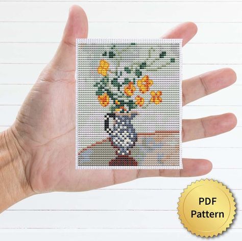 Monet Cross Stitch, Unique Cross Stitch, Monet Art, Mini Cross Stitch, Gifts For Art Lovers, Blue Vase, Miniature Art, Claude Monet, Handmade Decorations