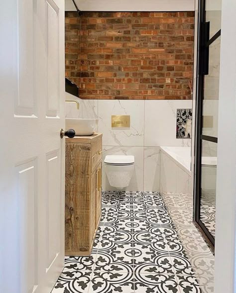 Brick And Tile Bathroom, Brick Slips Bathroom, Brick Slip Bathroom, Bathroom Brick Tiles, Red Brick Bathroom, Brick Wall In Bathroom, Bathroom With Brick Wall, Bathroom Brick Wall, Patchwork Bathroom