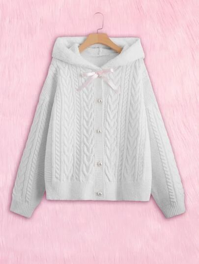 Amazon Kawaii Clothes, Cute White Sweater, Shein Winter Clothes, Kawaii Winter Clothes, Cardigan Plus Size, Kawaii Shirts, Cold Shoulder Sweater, Hooded Cardigan, Kawaii Clothes