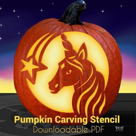 The unicorn is shown bust up and the swirly hair mirrors the shooting star lines almost. Cars Pumpkin Carving Ideas, Star Pumpkin Carving, Unicorn Pumpkin Carving, Owl Pumpkin Carving, Star Pumpkin, Pumpkin Carving Stencil, Halloween Pumpkin Stencils, Lantern Template, Pumpkin Carving Stencils